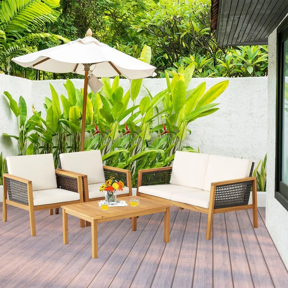 Outdoor Acacia Wood Furniture Set With PE Rattan