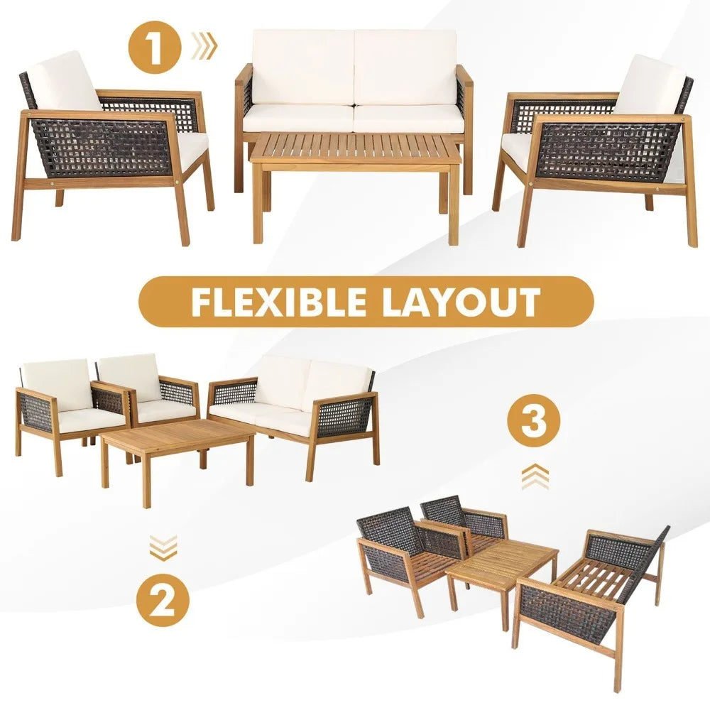 Outdoor Acacia Wood Furniture Set With PE Rattan