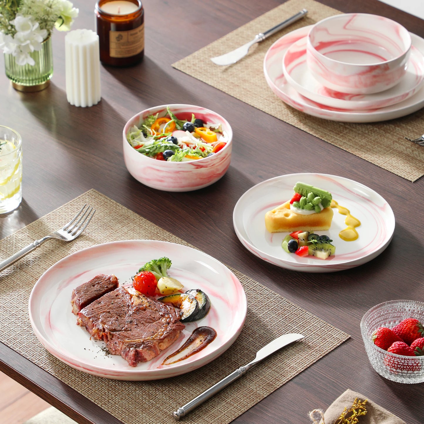MALACASA Luna Marble Porcelain Dinnerware Set For 4