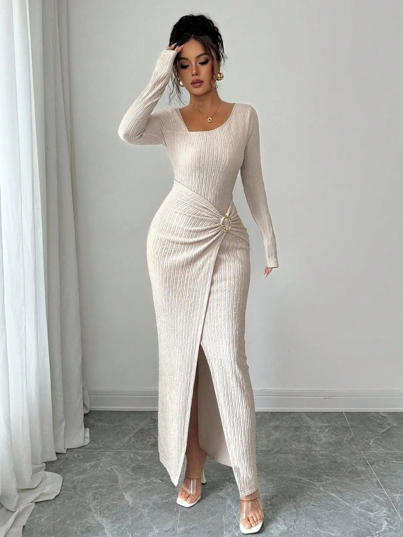 Asymmetrical Neck Knitted Bodycon Dress With Twist Waist Side Slit