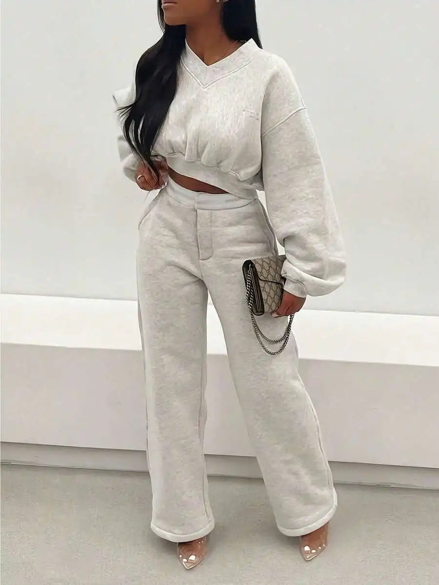 Womens Matching V Neck Cropped Sweatshirt And Wide Leg Joggers