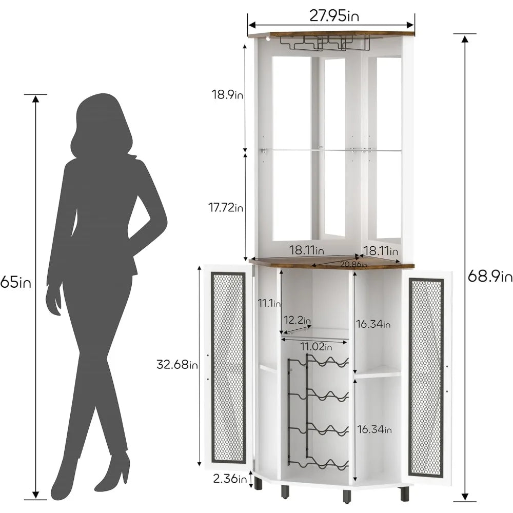 MOYU Farmhouse Corner Bar Cabinet With LED Lighting And Mirror