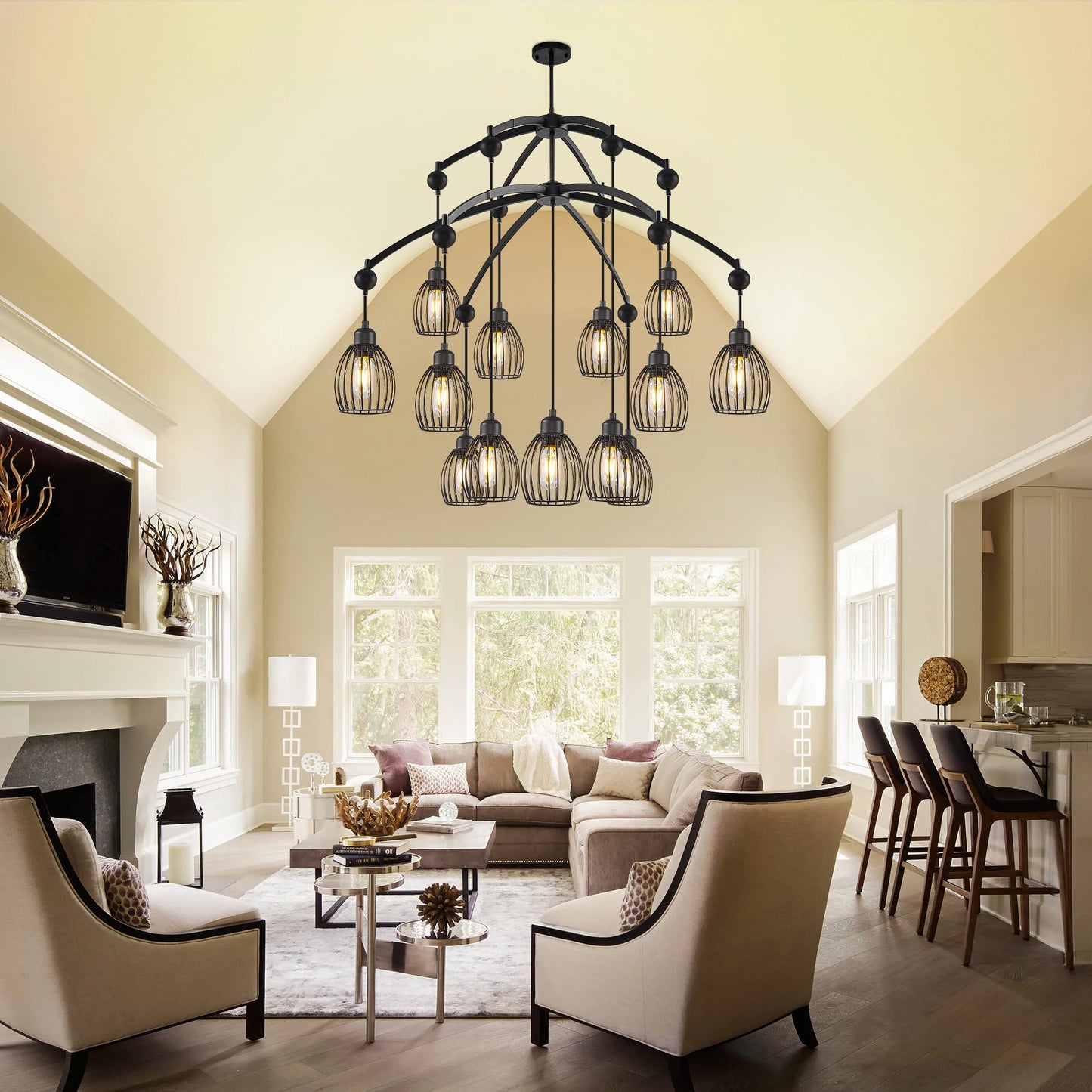 Modern Contemporary Lighting Industrial Adjustable Farmhouse Chandelier Unique Metal Cage with Black Rope Pendant Light Fixture