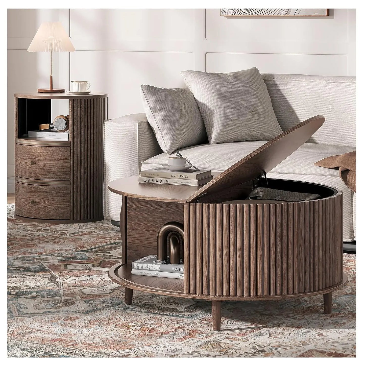 Round Coffee Table with Storage, 31.5" Fluted Center Table for Living Room, Modern Walnut Wood Circle Drum Table, Customized