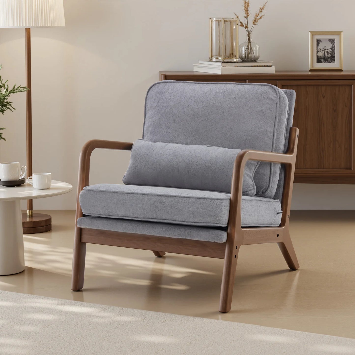 JHK Mid Century Modern Wooden Chair With Armrests And Cushion