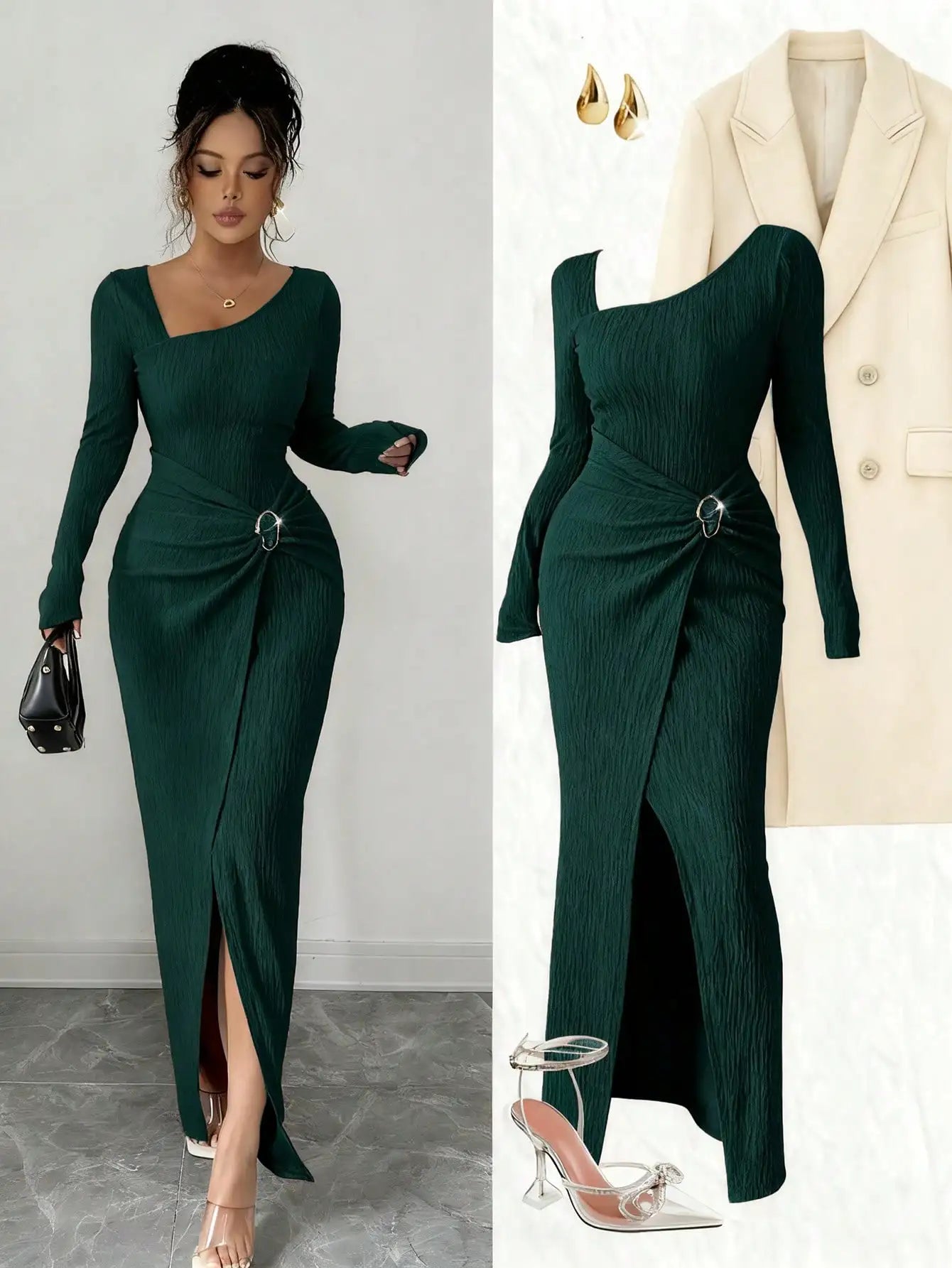 Asymmetrical Neck Knitted Bodycon Dress With Twist Waist Side Slit