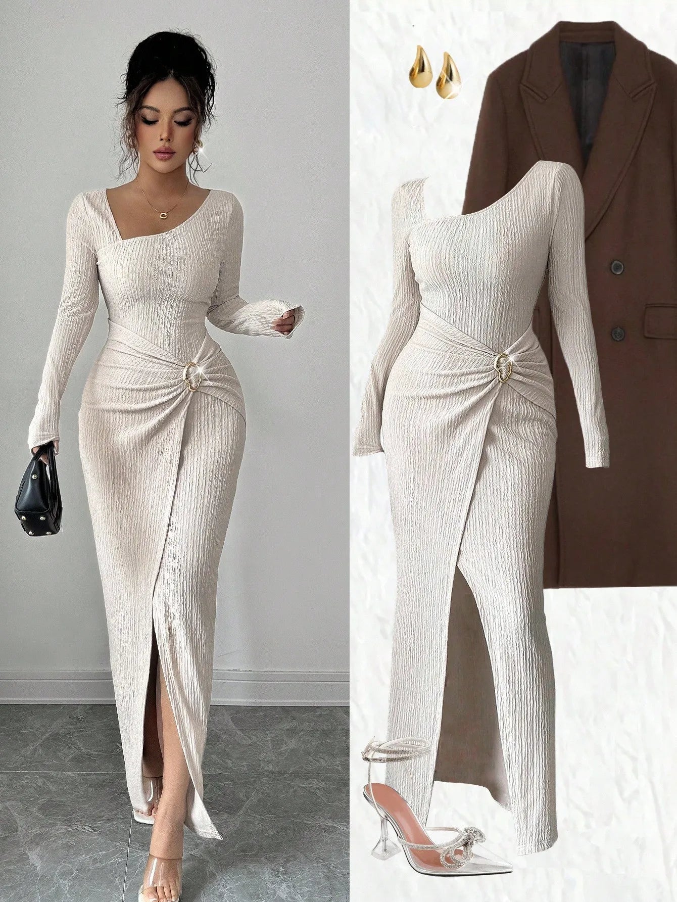 Asymmetrical Neck Knitted Bodycon Dress With Twist Waist Side Slit