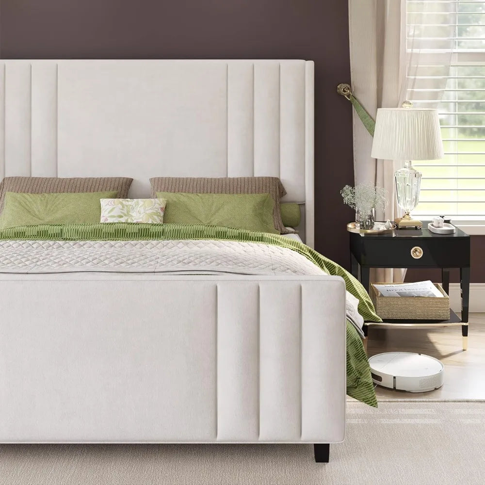 Velvet Upholstered Platform Bed With Vertical Channel Tufting And Wingback