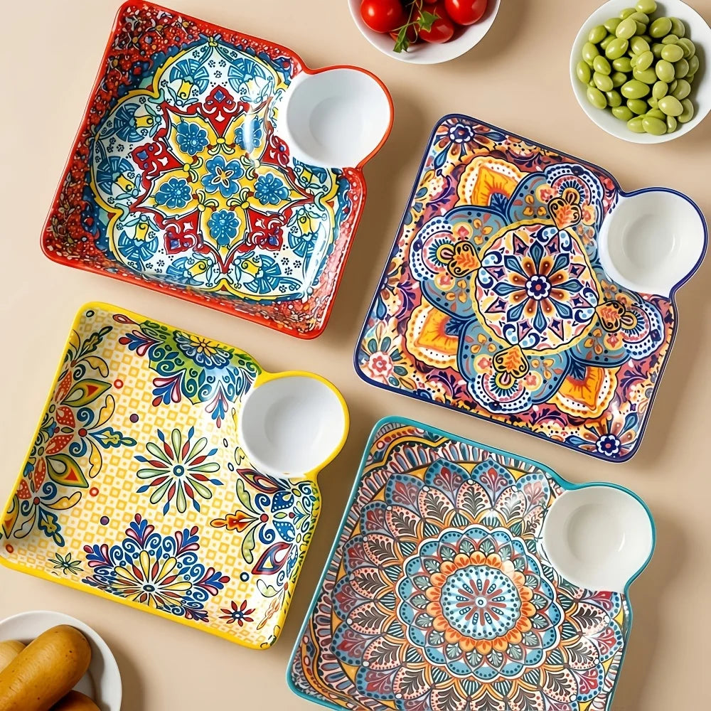 EVYIENEN Boho Dumpling Serving Set With Built In Sauce Dipping