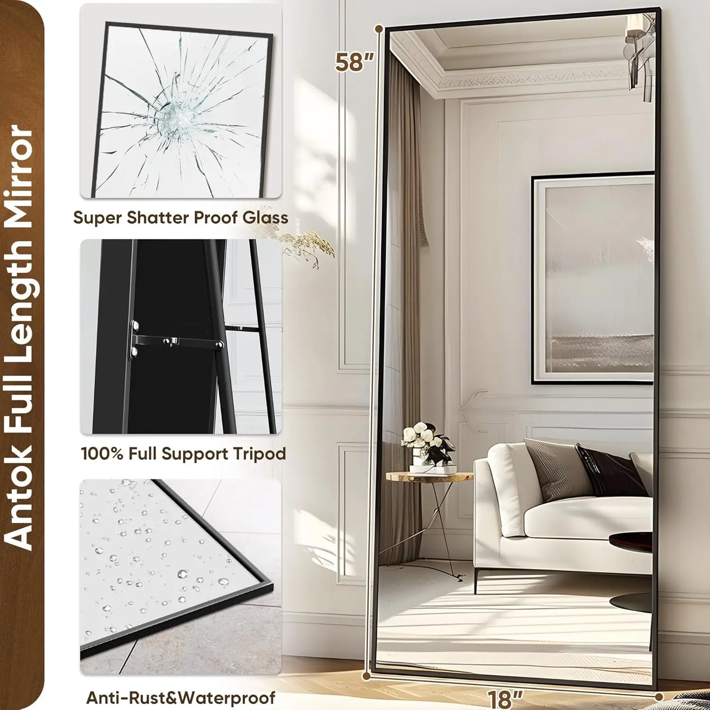 Antok Full Body Mirror With Stable Floor Stand For Bedroom