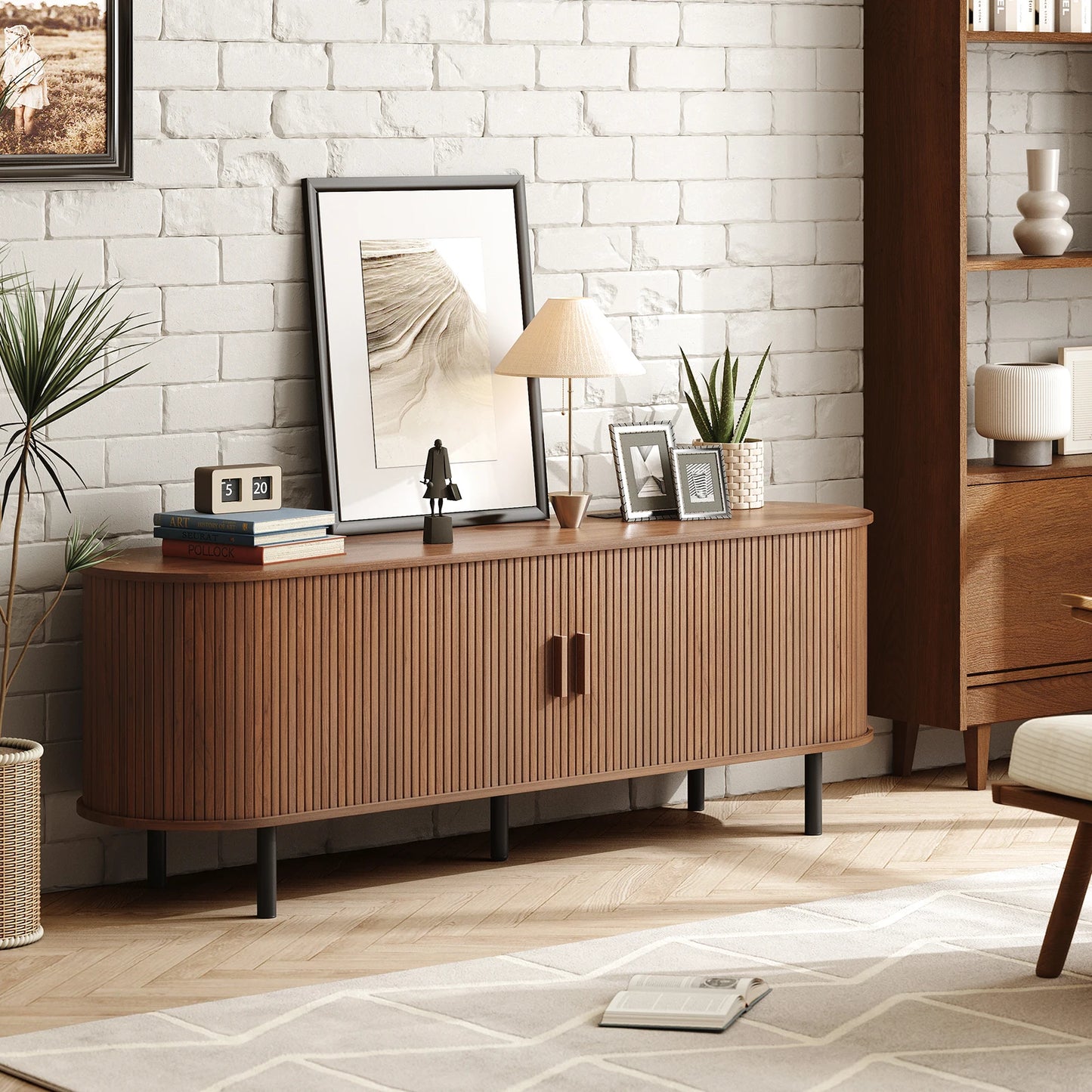 TV Stand with Power Outlet for TVs up to 60/70", Entertainment Center, TV Table with Sliding Doors Storage Adjustable Shelves