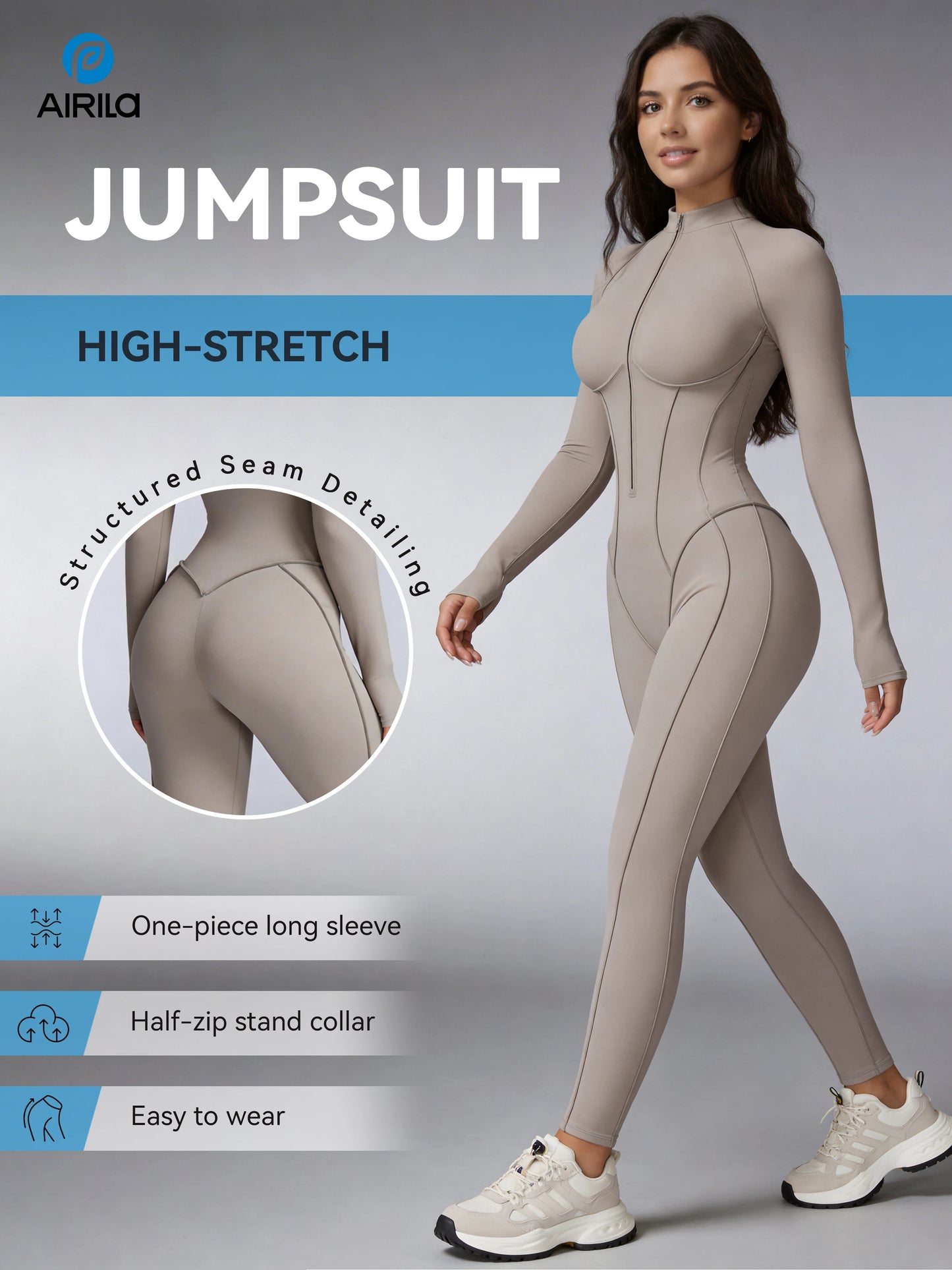 Zip Front Long Sleeve Yoga Jumpsuit For Women, Tummy Control