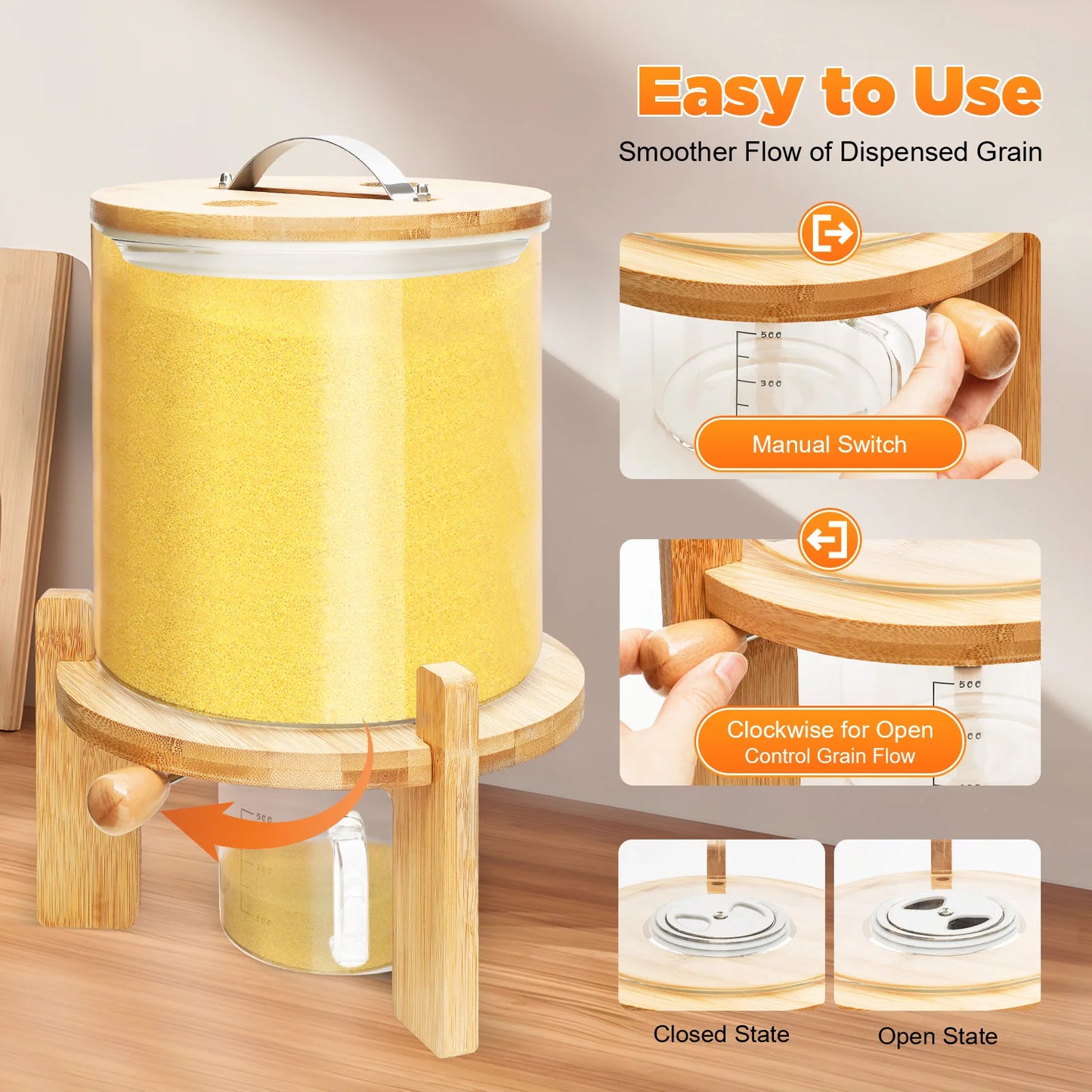 Airtight Glass Dry Food Storage Cereal Dispenser With Bamboo Lid