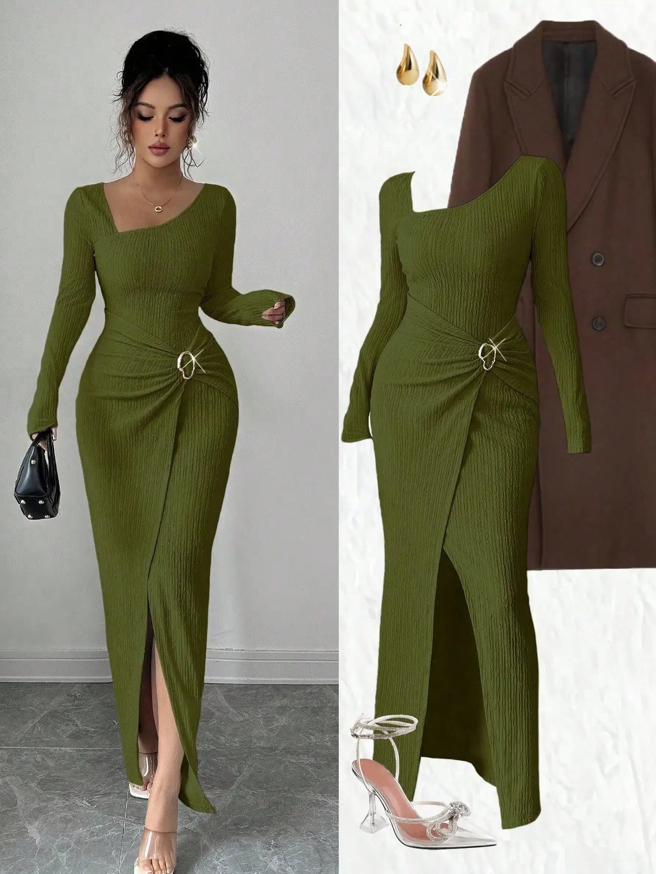 Asymmetrical Neck Knitted Bodycon Dress With Twist Waist Side Slit