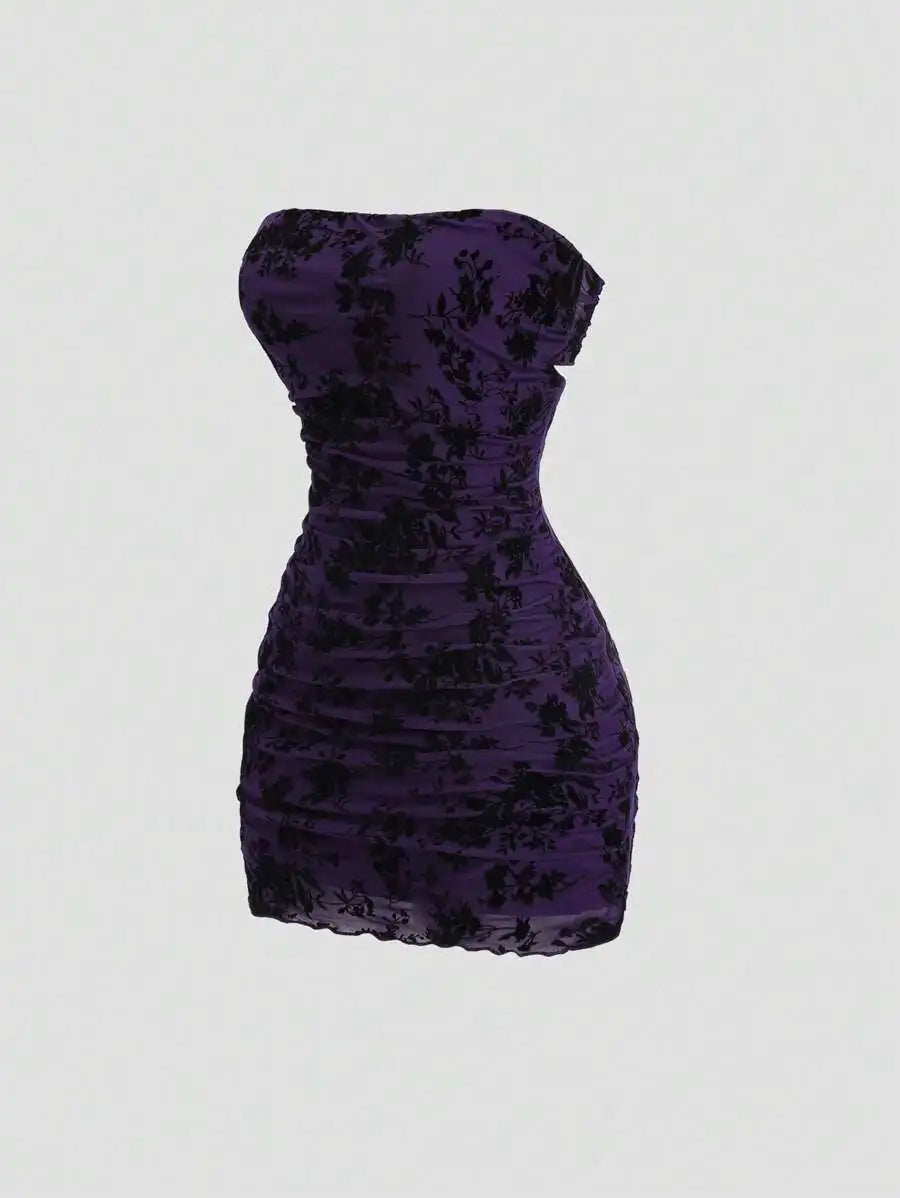 Velvet Floral Print Strapless Ruched Bodycon Mini Dress