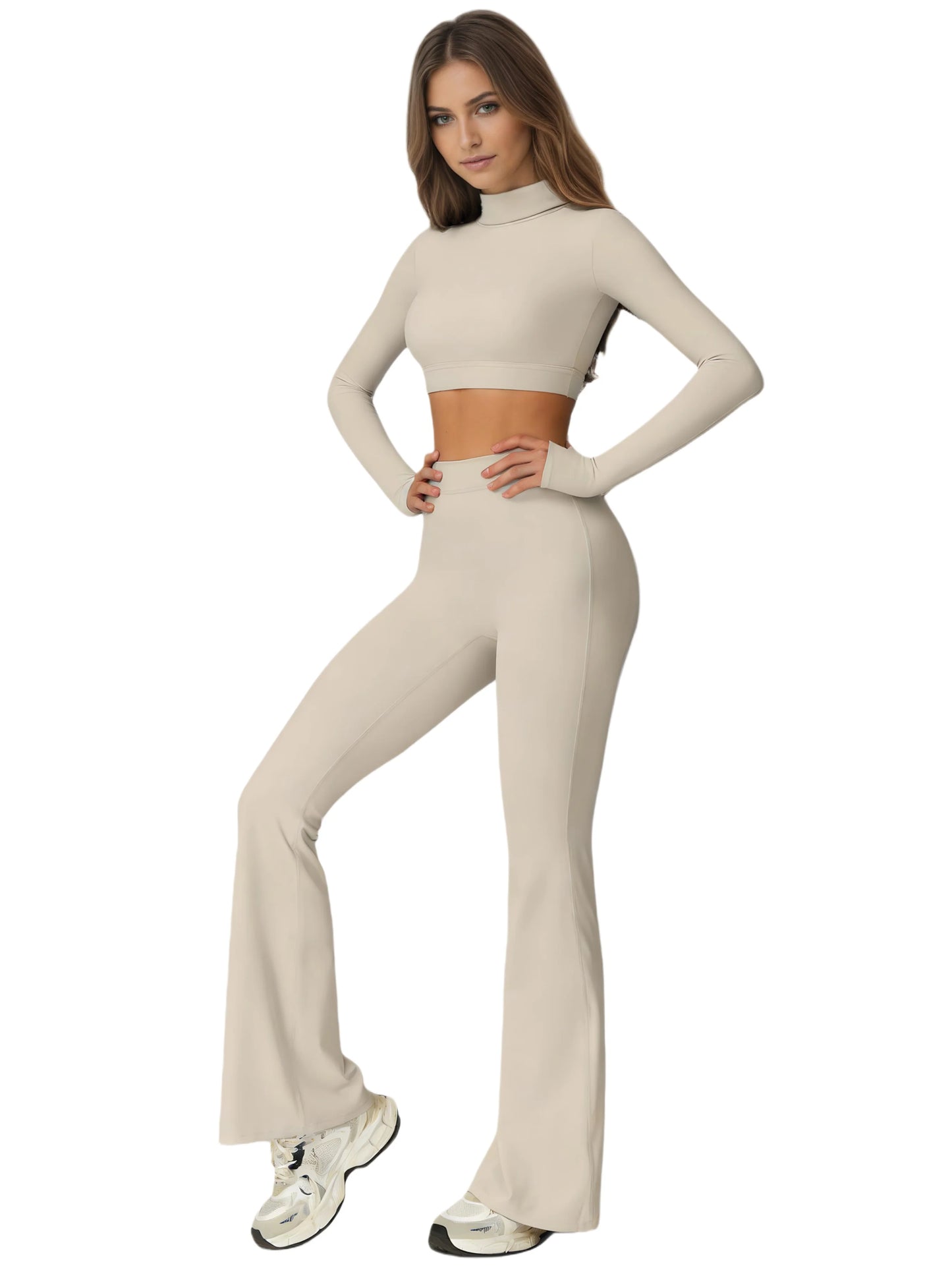 Women's Yoga Set With Back Cutout Turtleneck And Flare Pants
