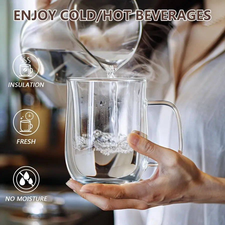 Double Walled Glass Coffee Mugs 16 OZ, Borosilicate Glass Coffee Cups Set of 4 with Spoons, Insulated Clear Coffee Mug for Hot B