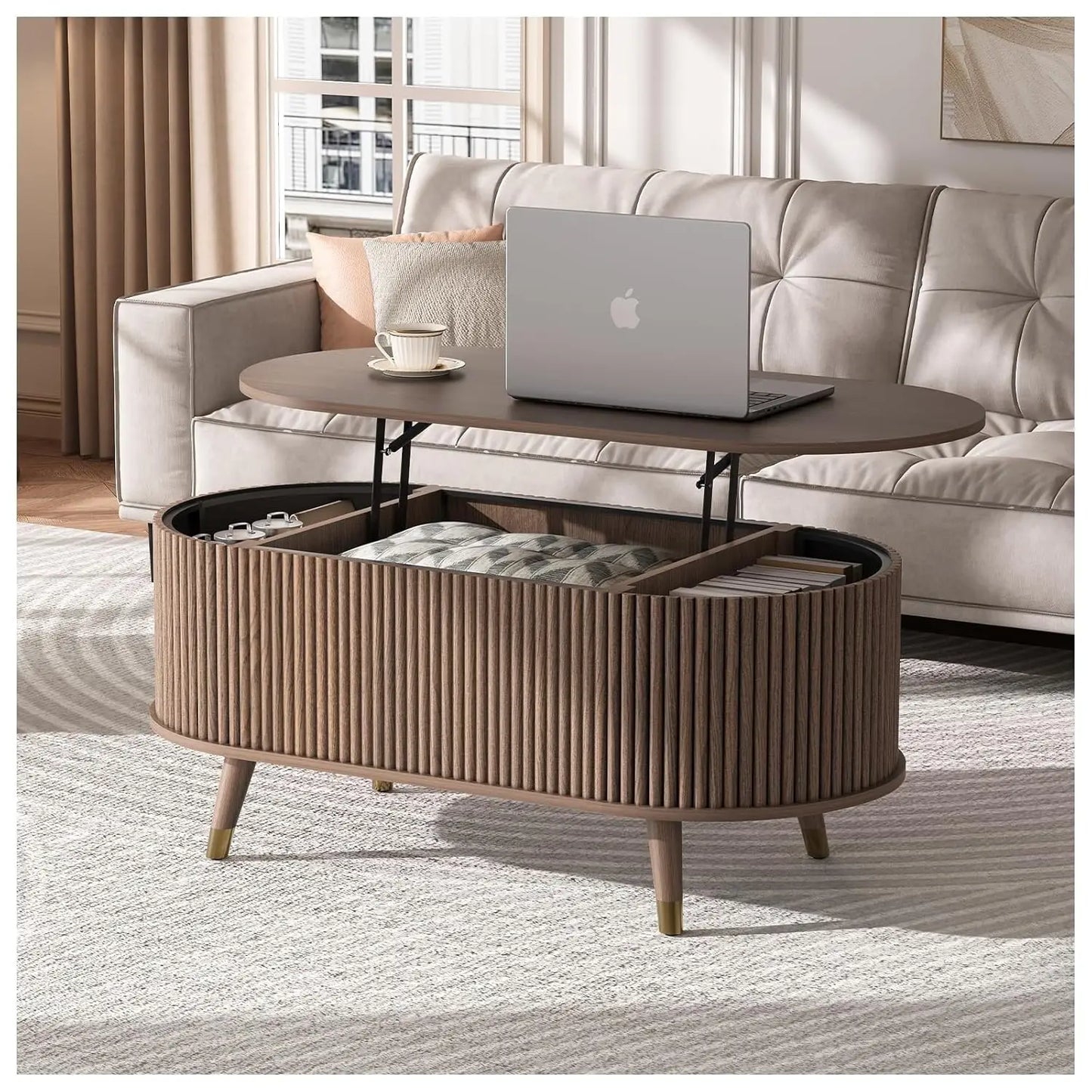 Round Coffee Table with Storage, 31.5" Fluted Center Table for Living Room, Modern Walnut Wood Circle Drum Table, Customized