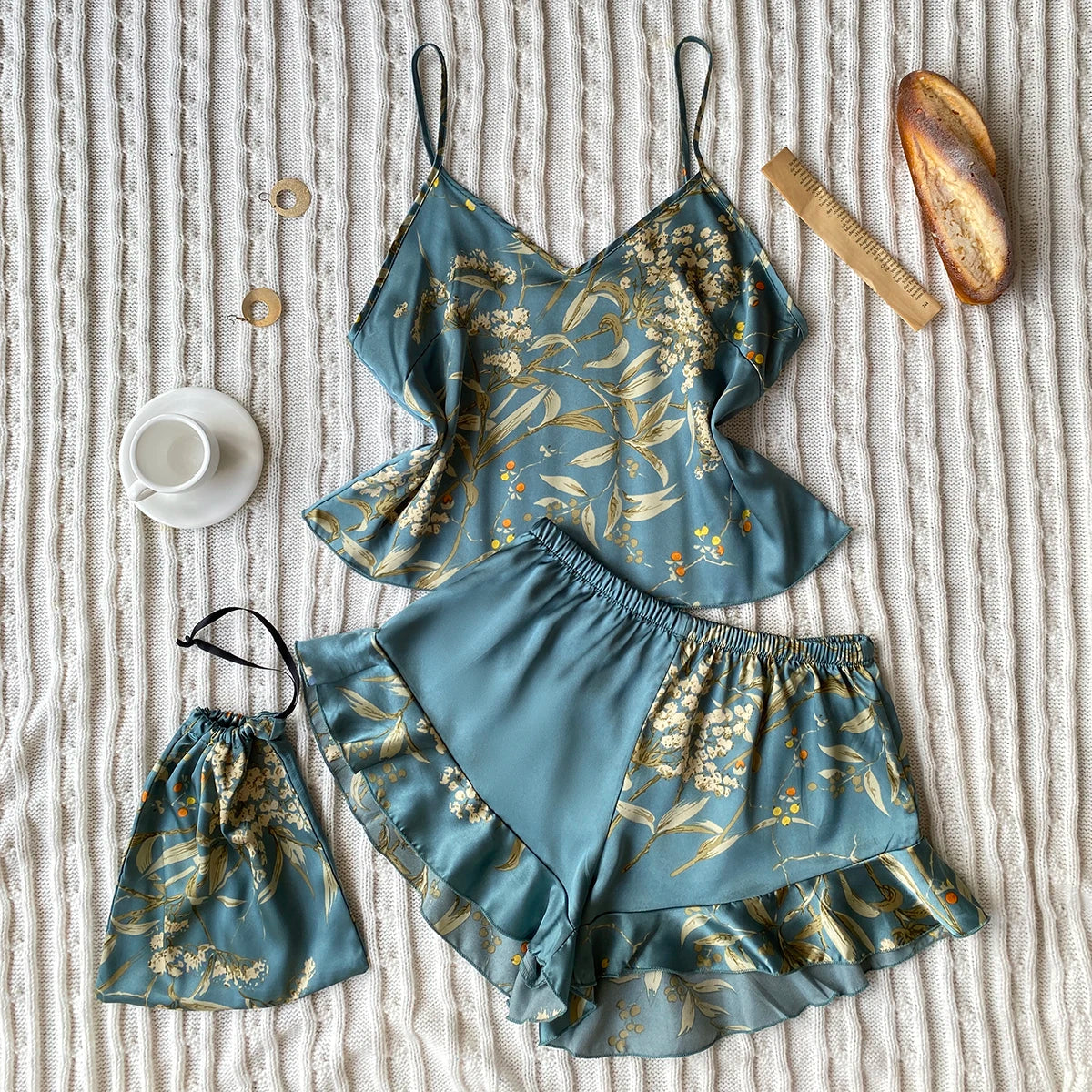 Elegant Floral Cami Tops And Shorts Pajama Set For Women