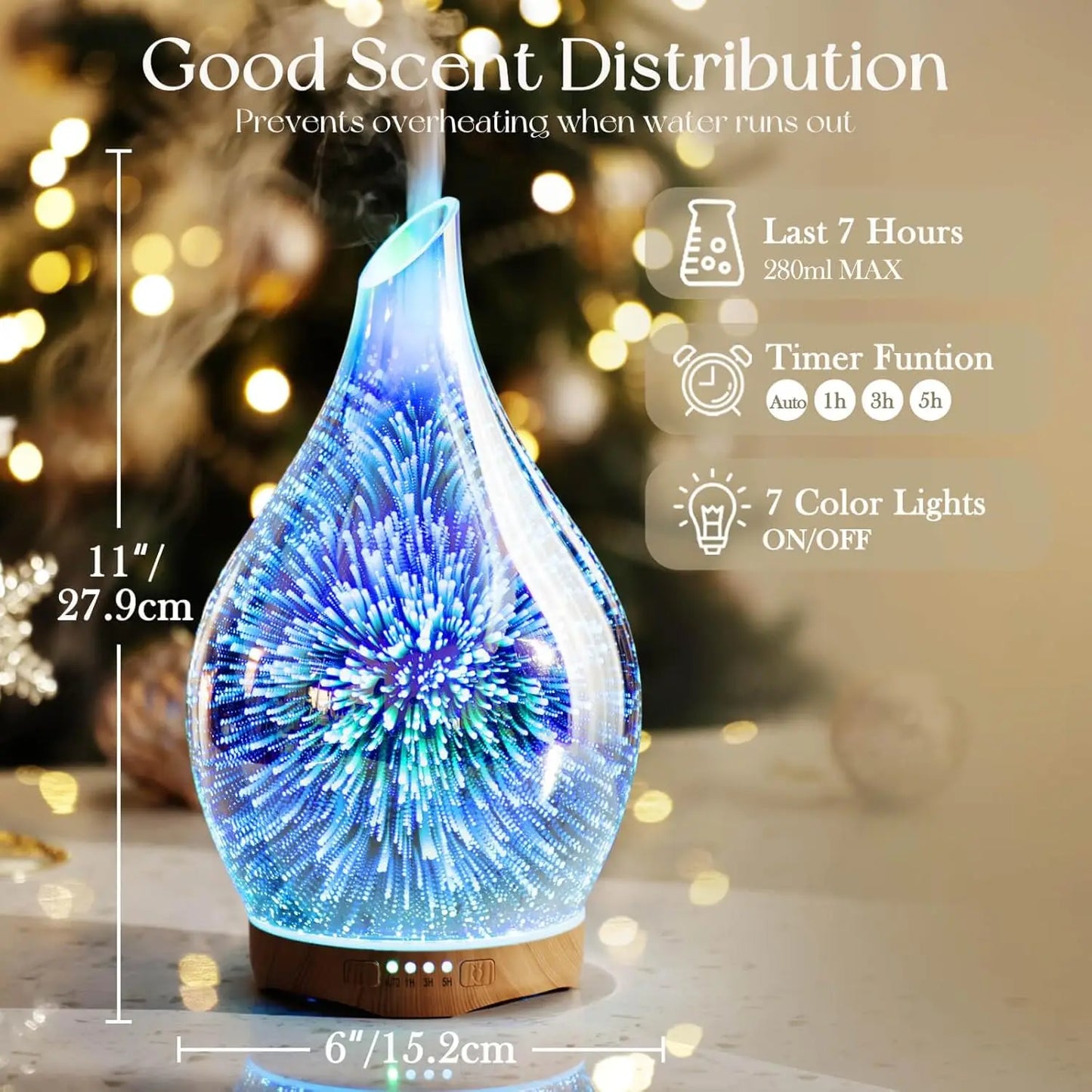 280ml Ultrasonic Aromatherapy Diffuser with 3D Glass Design, Timer & Auto Shut-Off for Home Relaxation