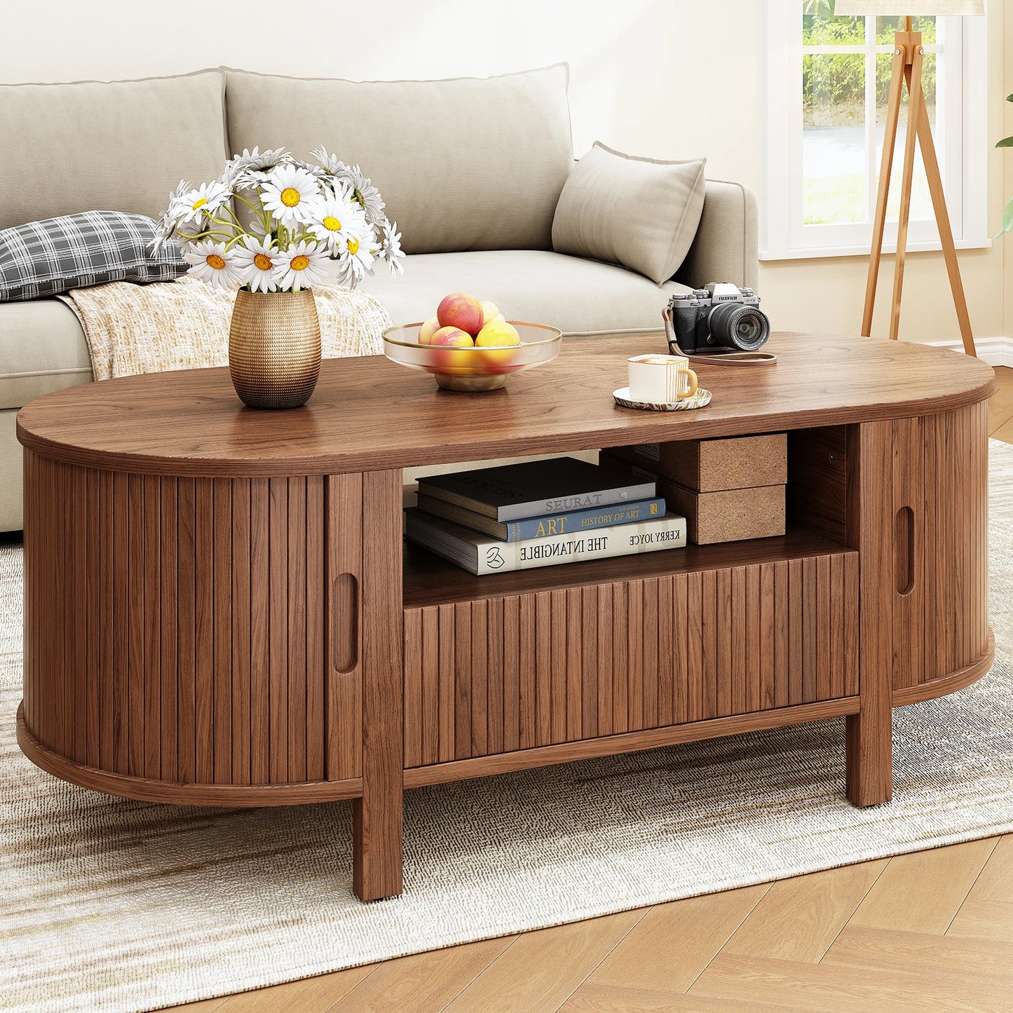 Oval Coffee Table With Cabinets And Sliding Doors Storage