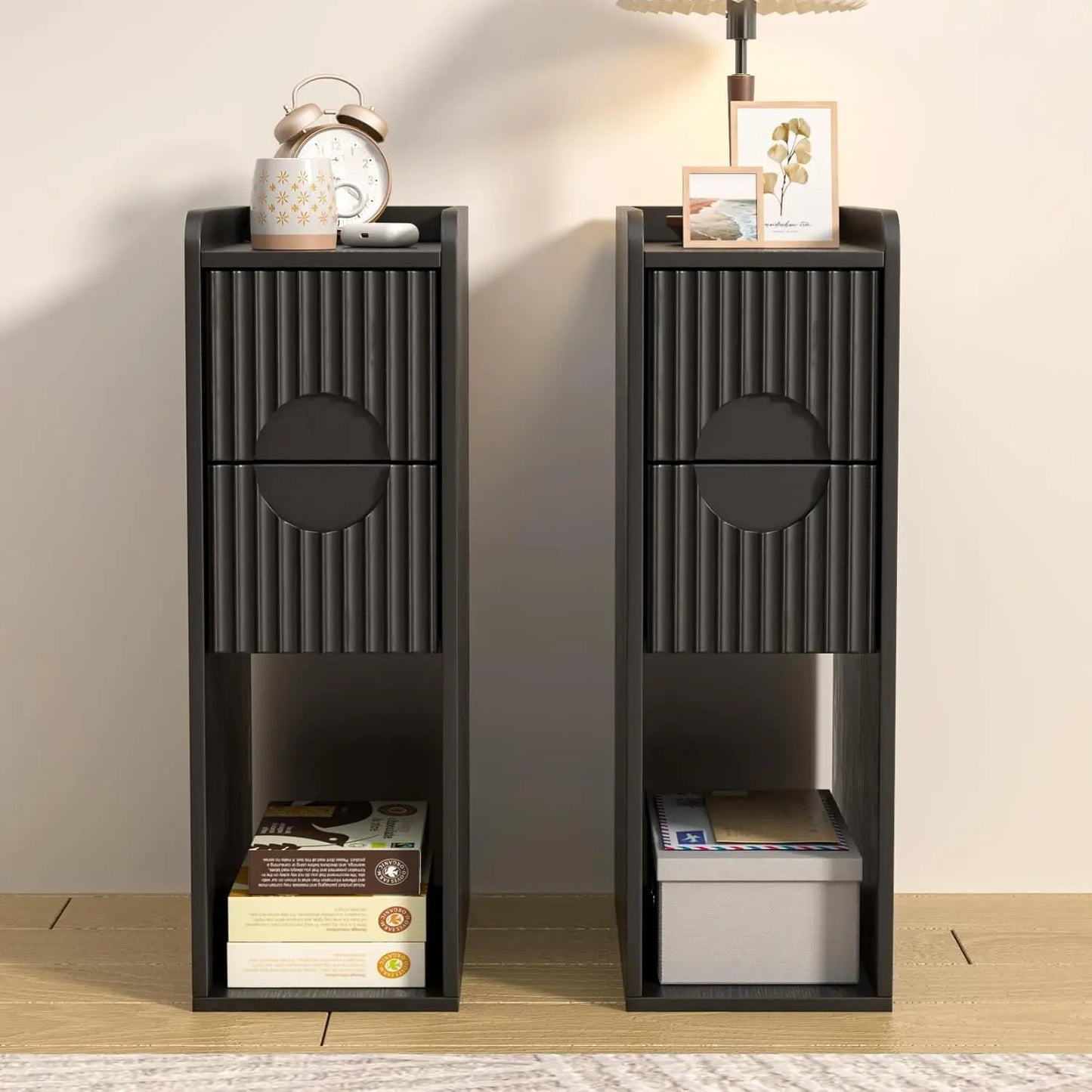 Narrow Fluted Wooden Nightstand With 2 Drawers Slim Bedside Cabinet