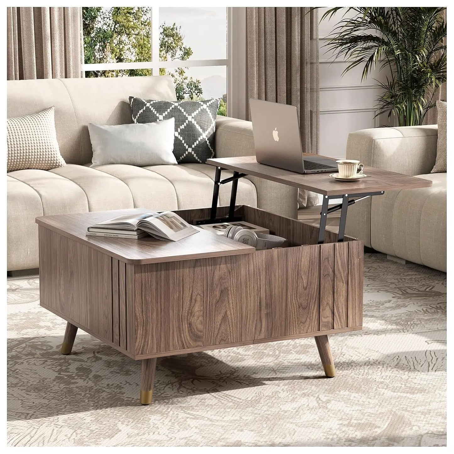 Round Coffee Table with Storage, 31.5" Fluted Center Table for Living Room, Modern Walnut Wood Circle Drum Table, Customized