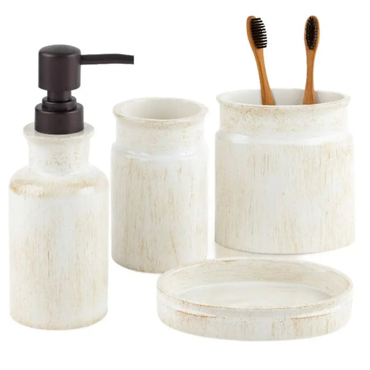 Rustic Luxe Bathroom Accessory Set Complete 4 Piece Beige Bathroom Soap Dispenser Set has Lotion Dispenser, Toothbrush Holder, T