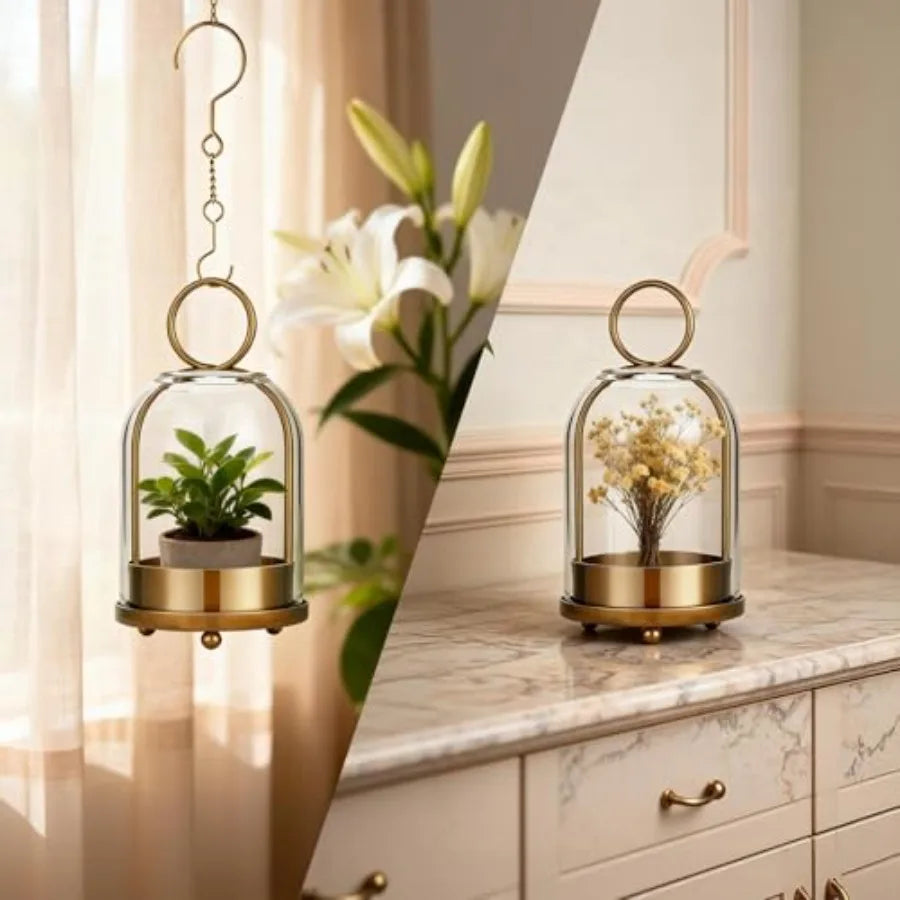 Brass Hanging Hurricane Glass Candle Holders For Pillar Candles