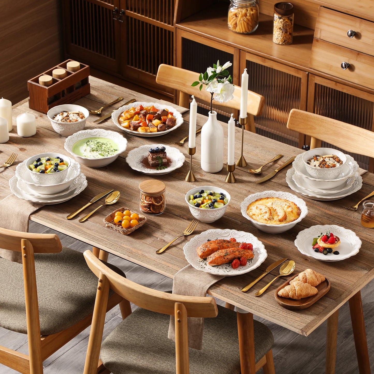 MALACASA Relief White Stoneware Dinnerware Set Elegant And Durable