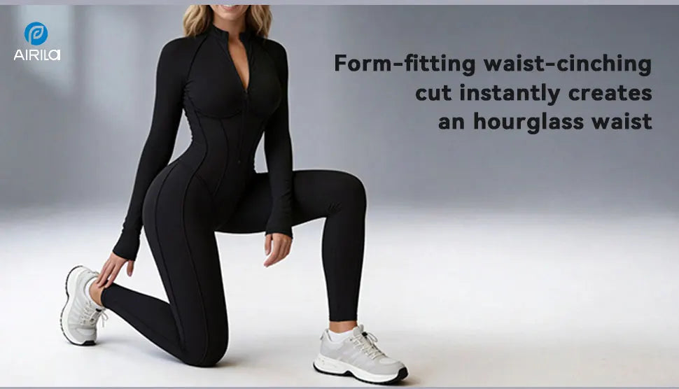 Zip Front Long Sleeve Yoga Jumpsuit For Women, Tummy Control