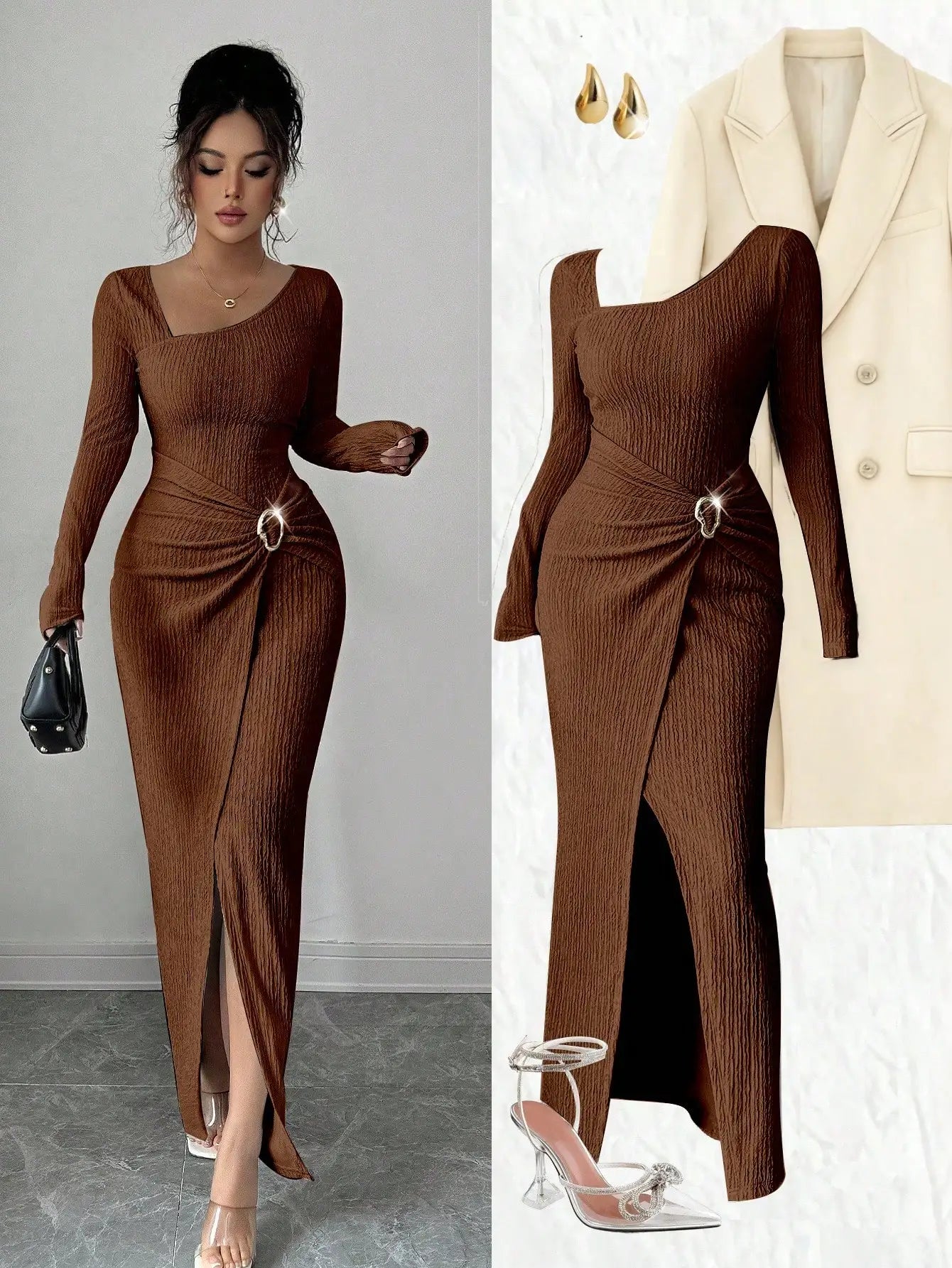 Asymmetrical Neck Knitted Bodycon Dress With Twist Waist Side Slit