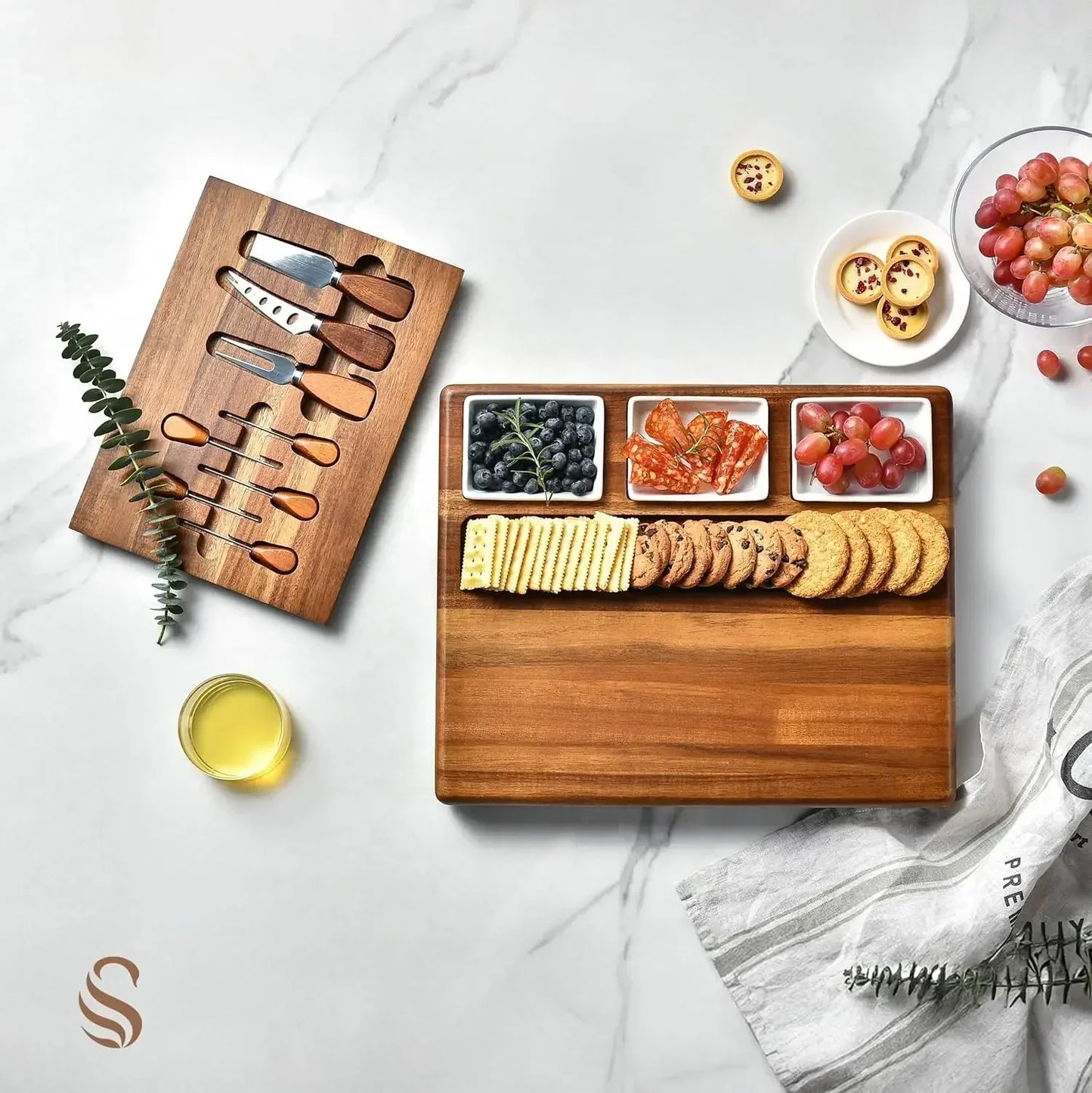 Acacia Wood Charcuterie Board Set With Ceramic Bowls And Utensils