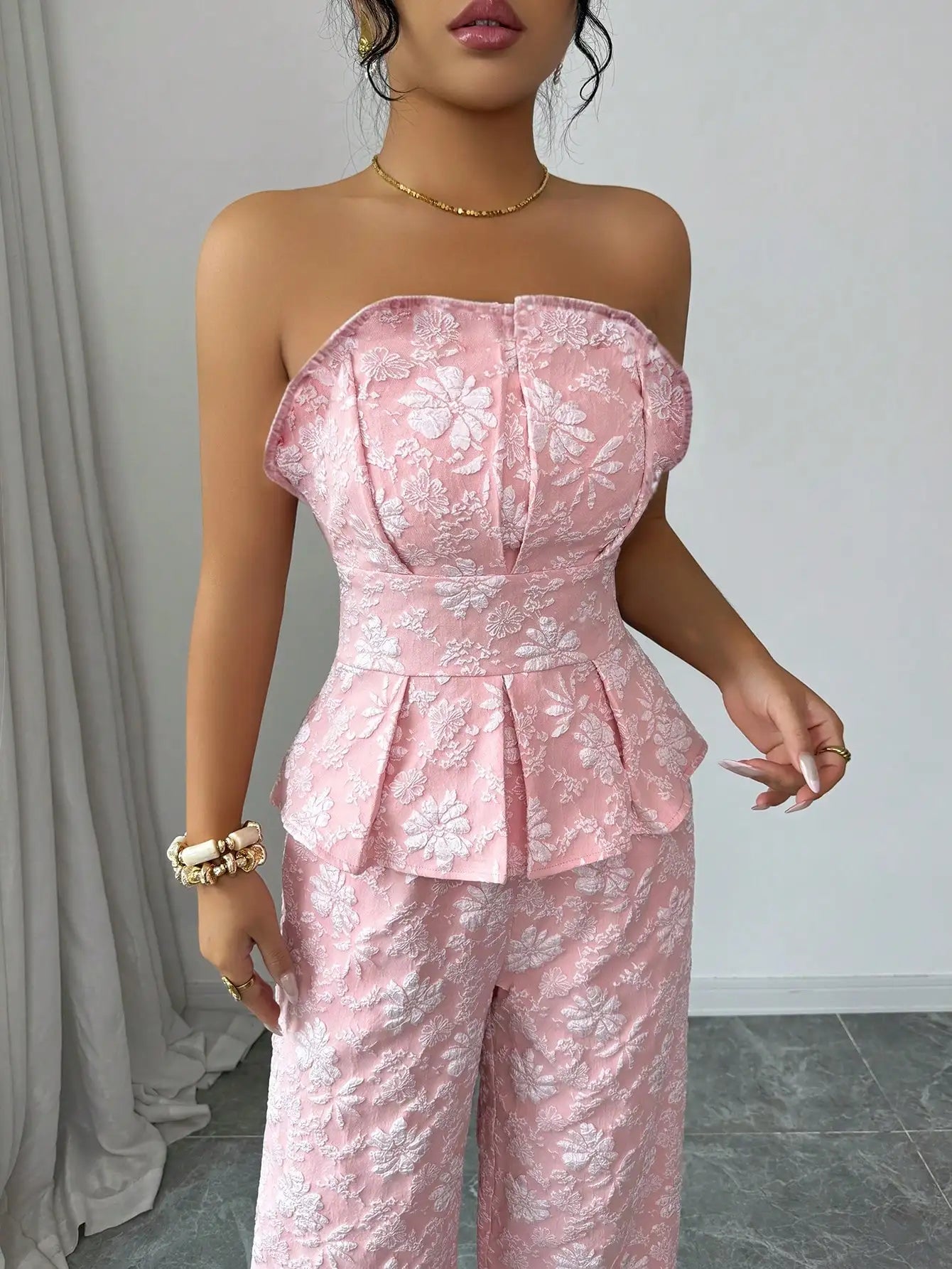 Floral Jacquard Strapless Peplum Top And Wide Leg Pants Set