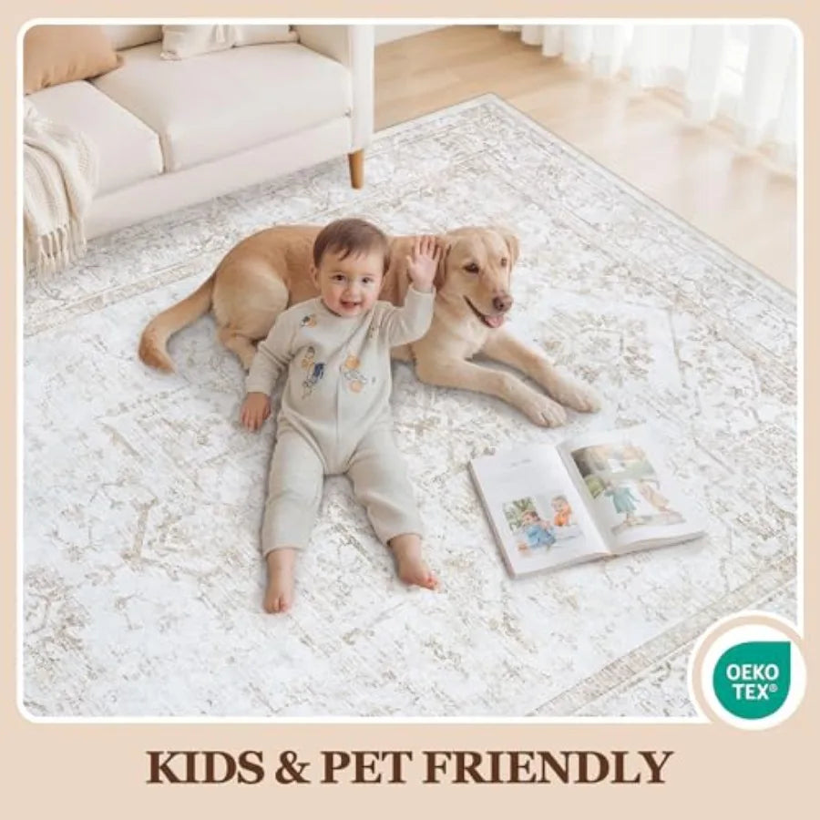 Non-Slip Vintage Medallion Area Rug Low Pile Washable
