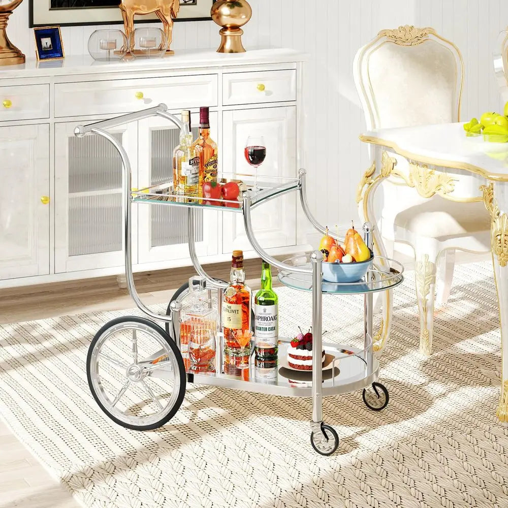 Glass Rolling Bar Cart With Mirrored Shelves And Wheels