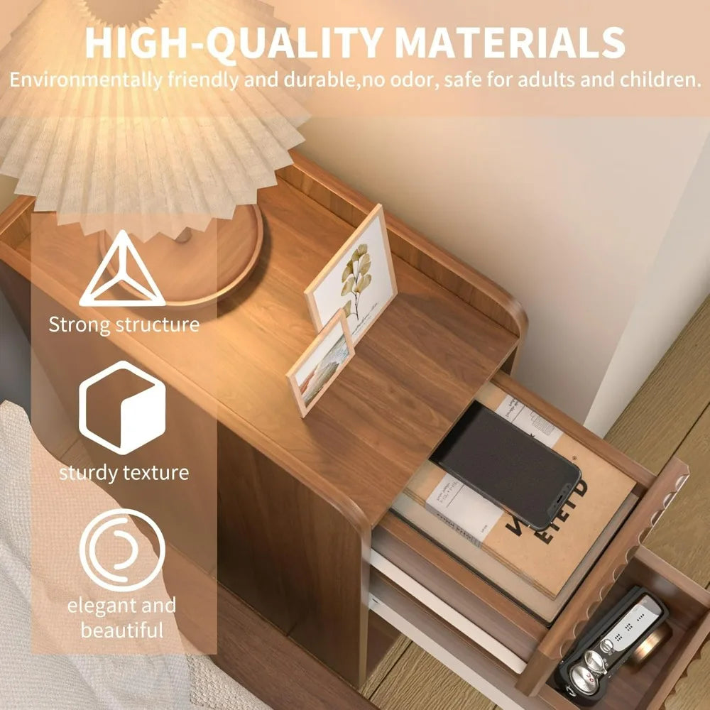 Narrow Fluted Wooden Nightstand With 2 Drawers Slim Bedside Cabinet
