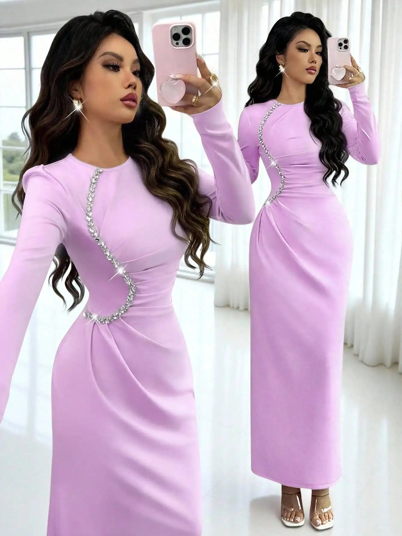 Elegant Crystal Embellished Long Sleeve Bodycon Evening Dress