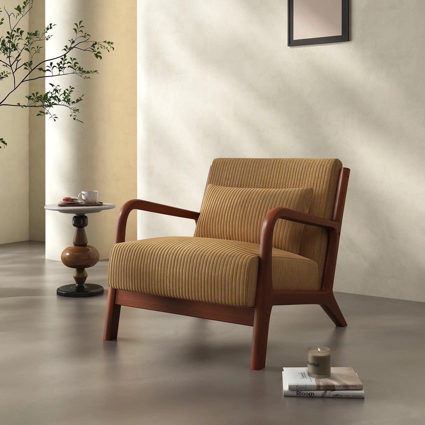 QWC Mid Century Modern Accent Chair With Fabric Wood Frame