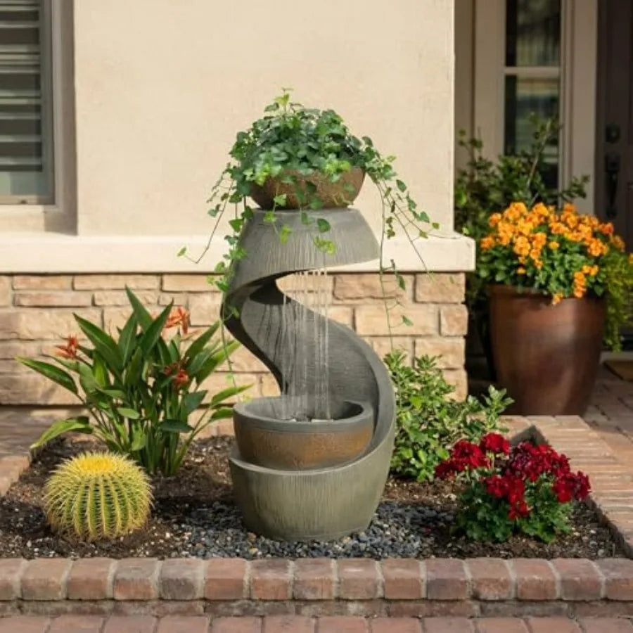 Outdoor Water Fountain With LED Lights Resin S Shaped Bowl