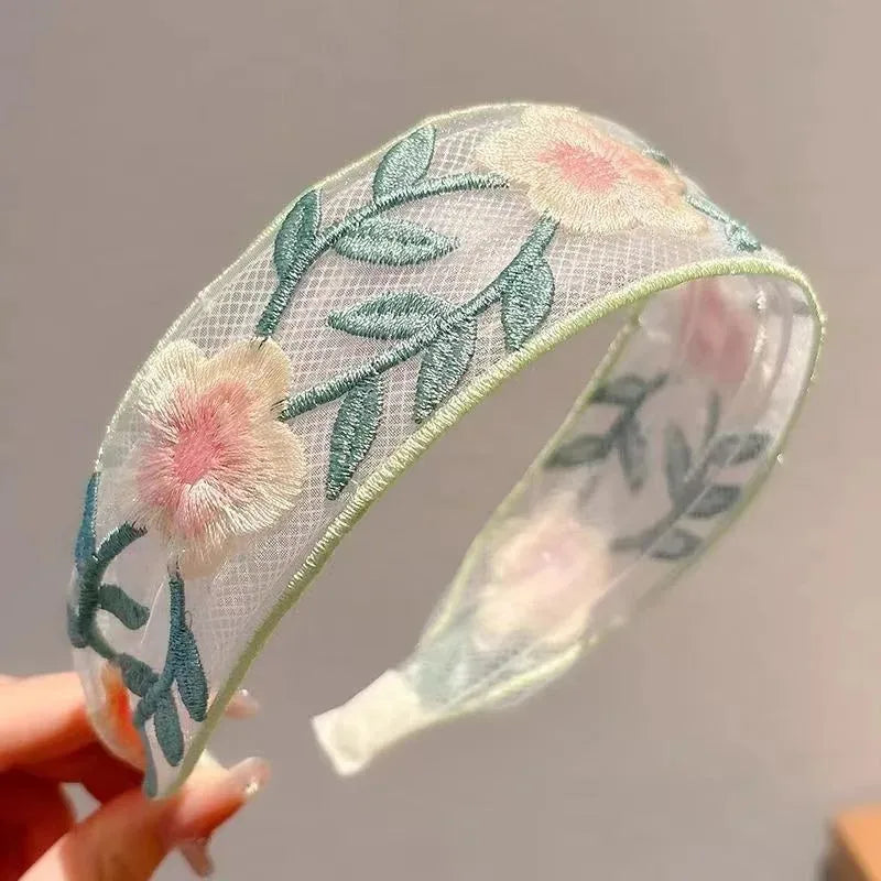 Elegant Chiffon Embroidered Flower Headband For Women Hair Accessories
