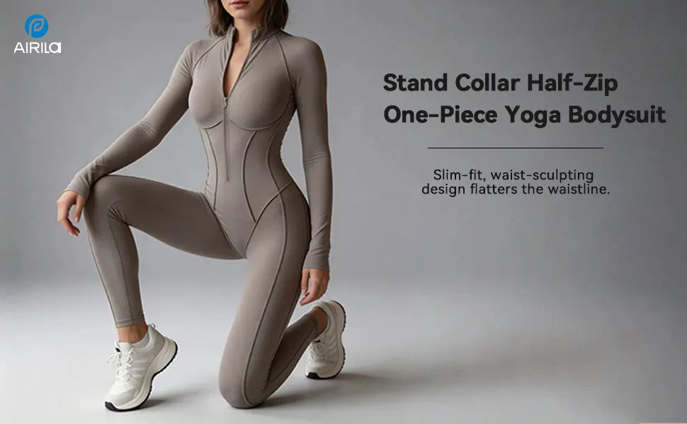 Zip Front Long Sleeve Yoga Jumpsuit For Women, Tummy Control