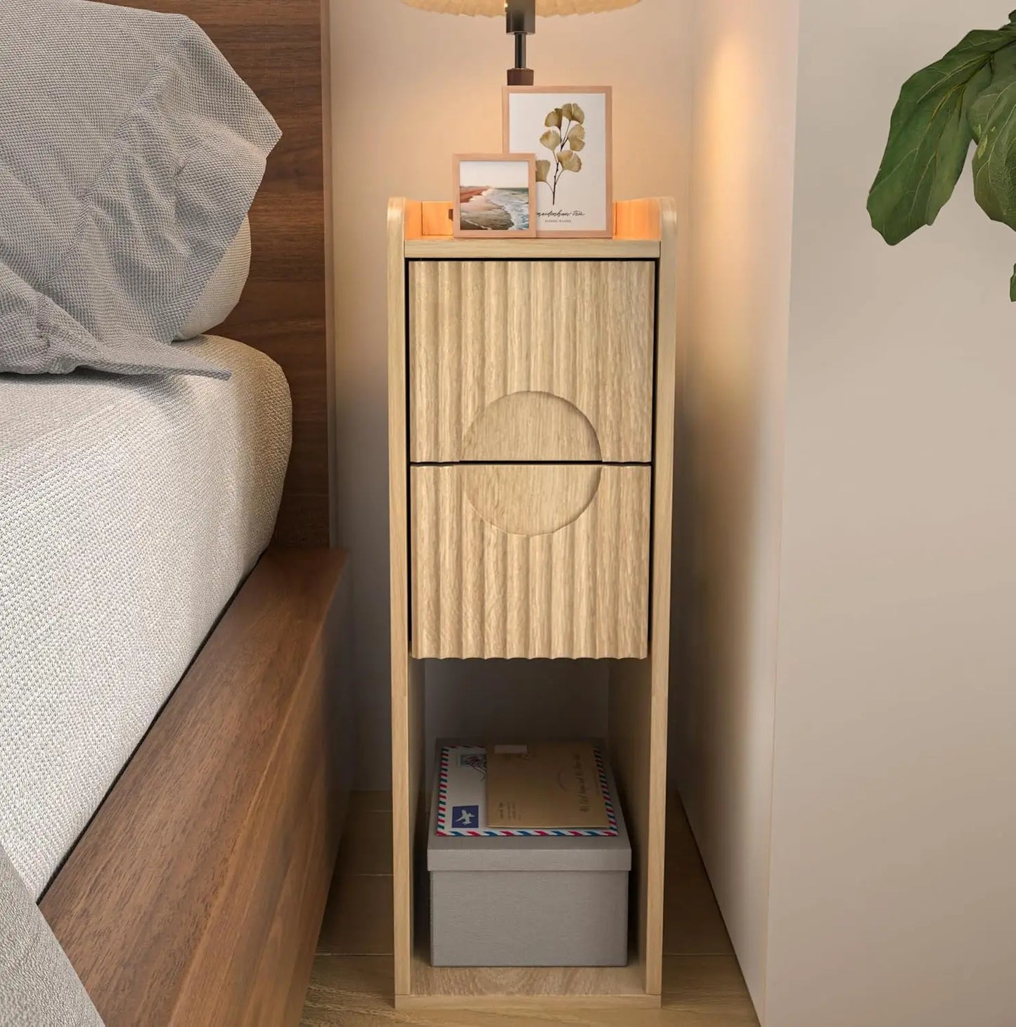 Narrow Fluted Wooden Nightstand With 2 Drawers Slim Bedside Cabinet