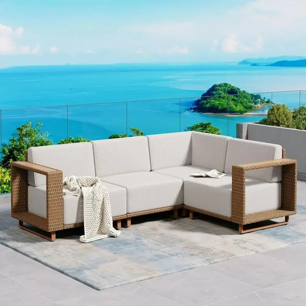 L Shaped Outdoor Sectional Sofa With Cushions For Patio Garden