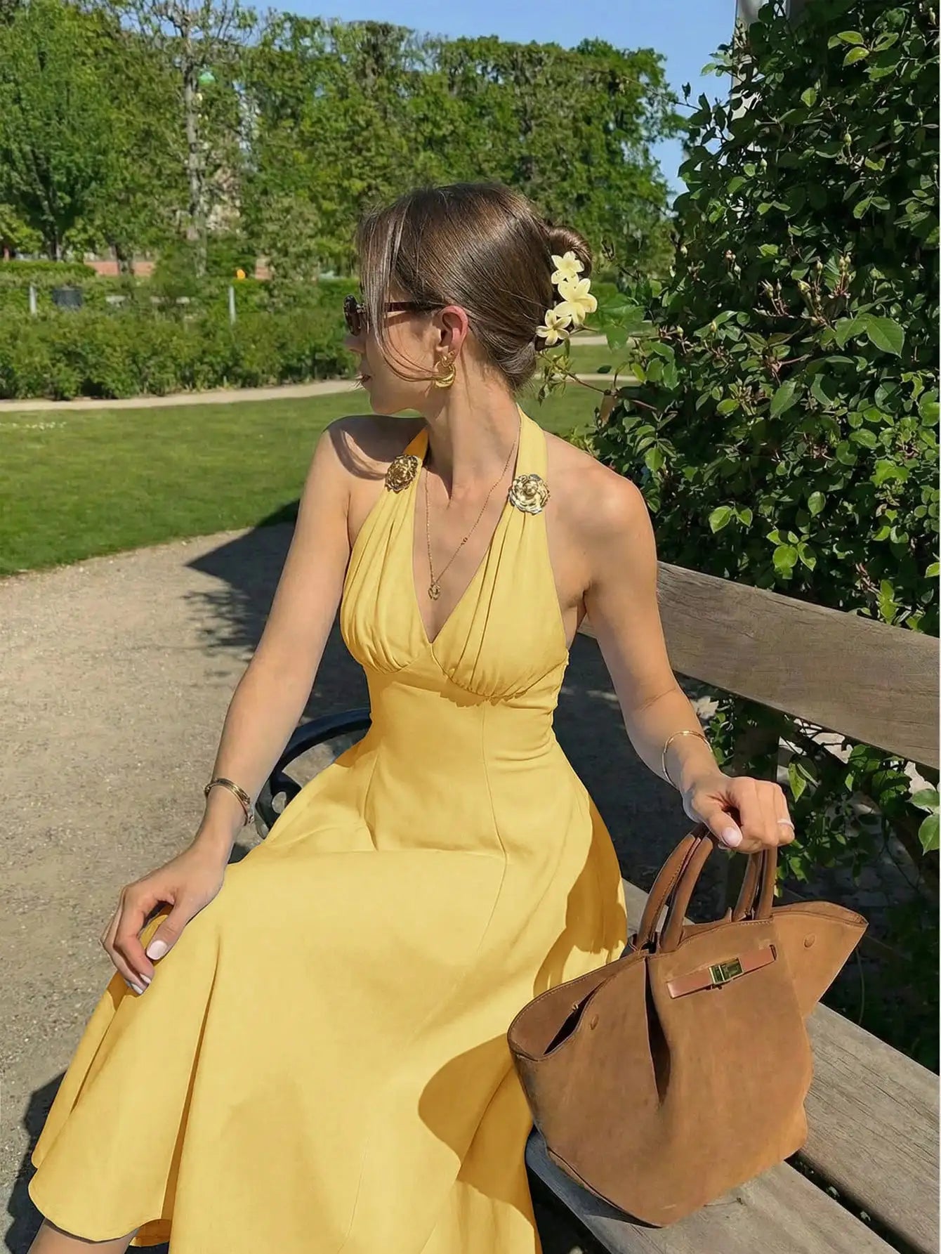 Elegant Halter Neck Midi Dress With 3D Floral Accents