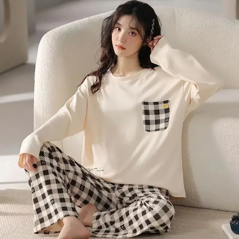 Spring and Autumn New Women's Pajamas Homewear Suit Girls Thin Section Long-Sleeved Students Big Yards Cartoon Loose Pajamas