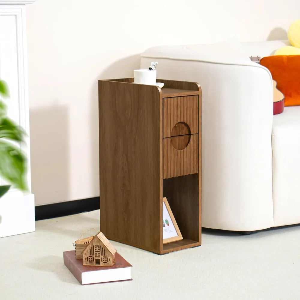 Narrow Fluted Wooden Nightstand With 2 Drawers Slim Bedside Cabinet
