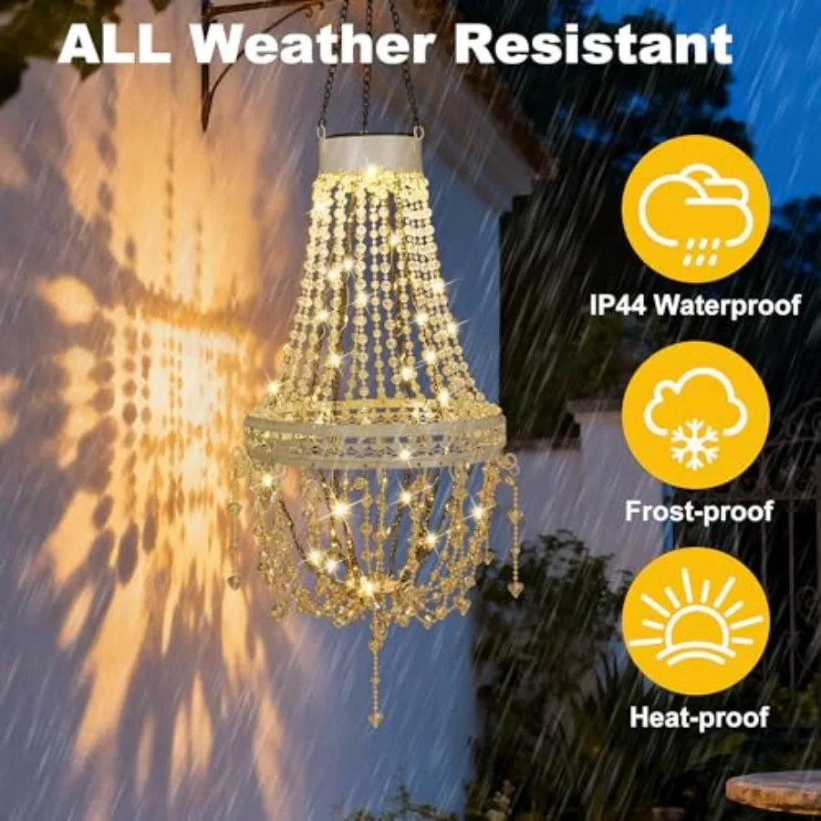 Hanging Solar Lantern Outdoor Chandelier Waterproof Crystal Pendant LED
