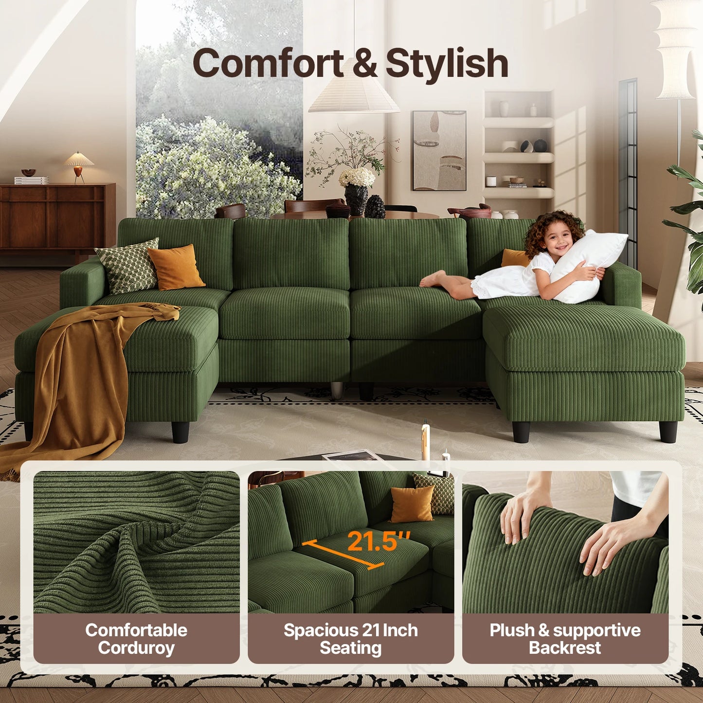 101 Inch Green Corduroy Sectional Sofa, U Shaped Sectional Sofa with 2Ottomans, 6 Seater Convertible Corduroy Sofa, Comfortable