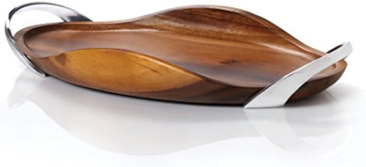 Nambé Bella Wood Handled Tray - 18-Inch Acacia Wood Serving Tray with Smooth Curves & Sculptural Grain - Decorative Tabletop Ser